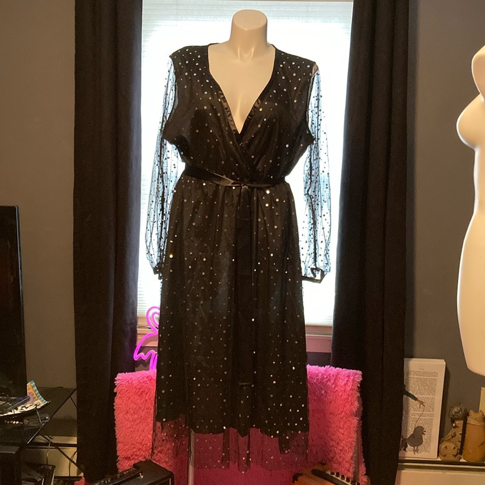 Black tulle with spangles over black satin faux wrap neckline dress size 3X